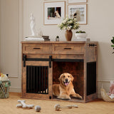 Garvee 44.5'' Dog Crate Furniture with Hook & Storage Drawers, Wooden Heavy Duty Dog Kennel Indoor, Sliding Barn Doors, Brown, Medium/Small Dogs - Retro Brown