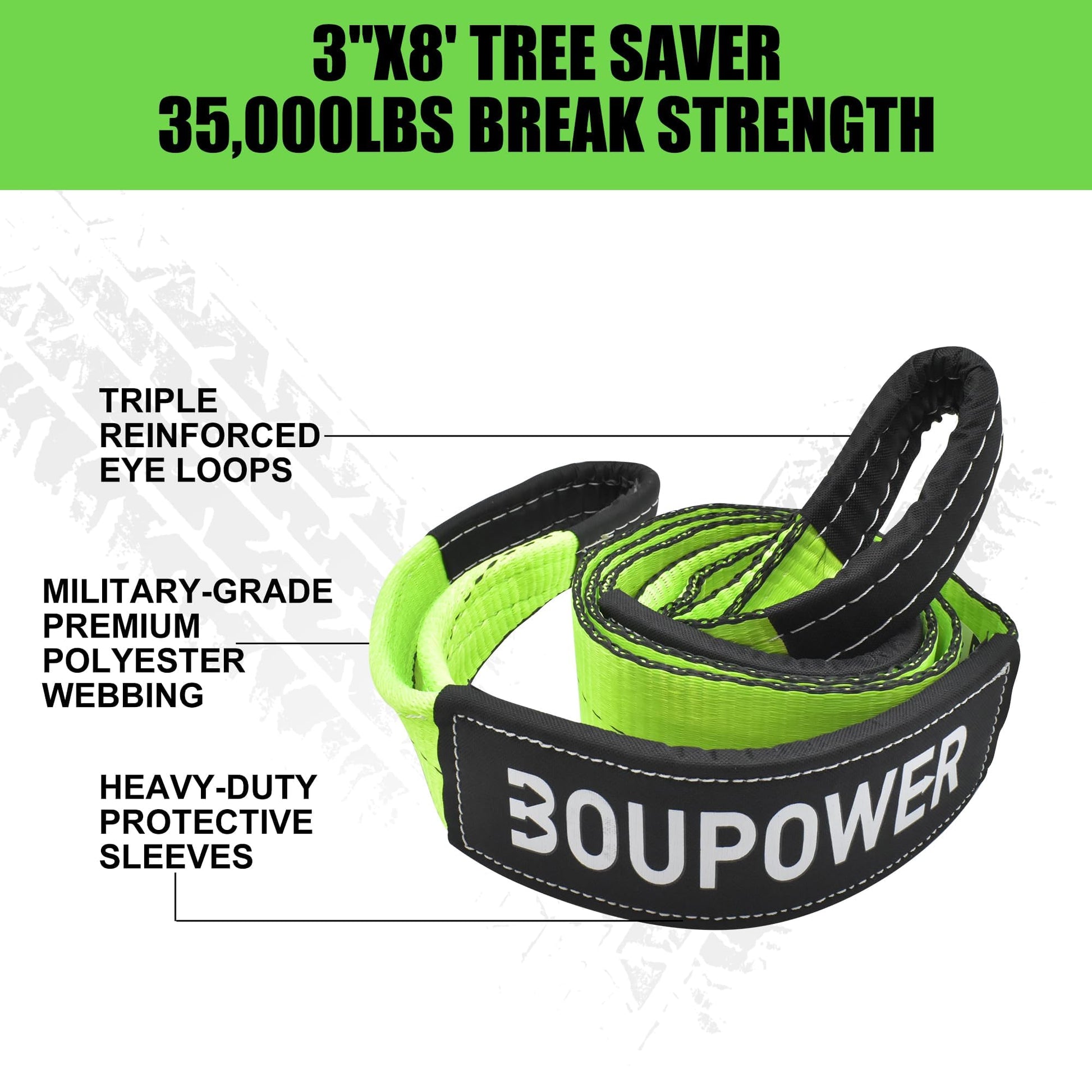 3 x 8 foot tree saver strap with reinforced loops and protective sleeves