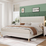 Garvee Full Size Bed Frame Corduroy Upholstered Wingback Headboard Beige Solid Wood Slats Noise-Free - Beige