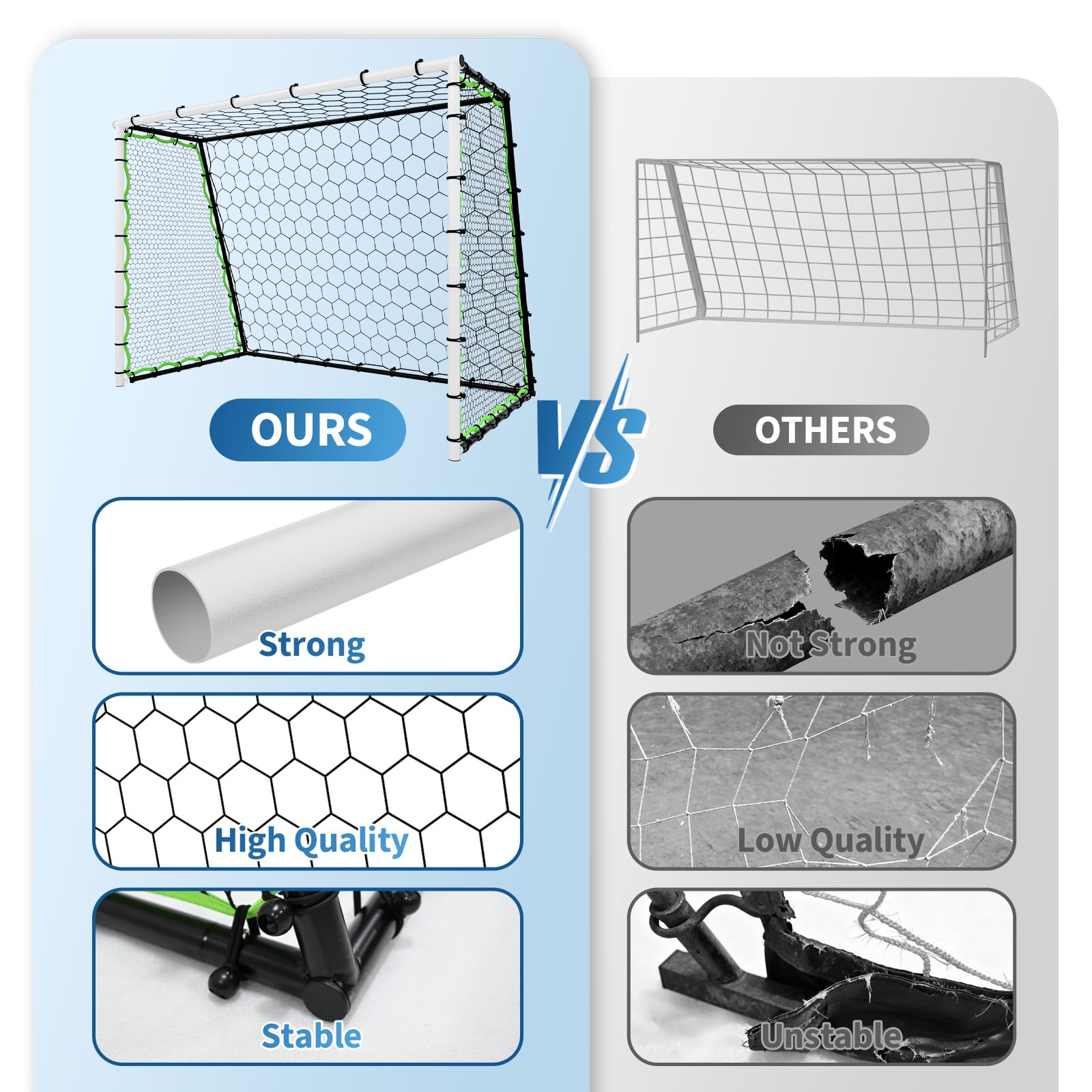 Powder-coated steel frame and nylon net comparison