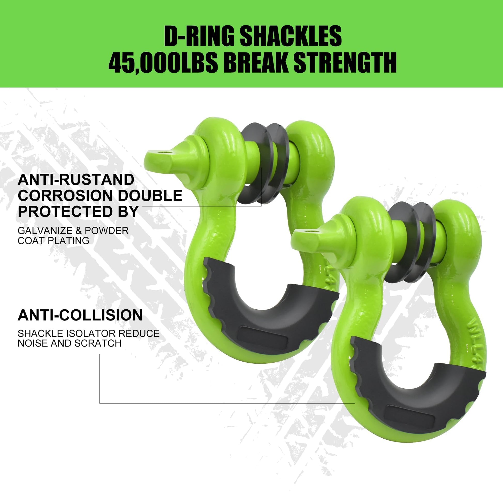 D-ring shackles with silicone bumper protectors and corrosion-resistant finish
