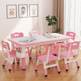 Garvee Kids Table and 6 Chairs Set, Height Adjustable Toddler Table and Chair Set, Graffiti Desktop, Children Multi-Activity Table for 6, Kids Study Table for Home Daycare Preschool for Ages 2-10 - Pink - Pink + White