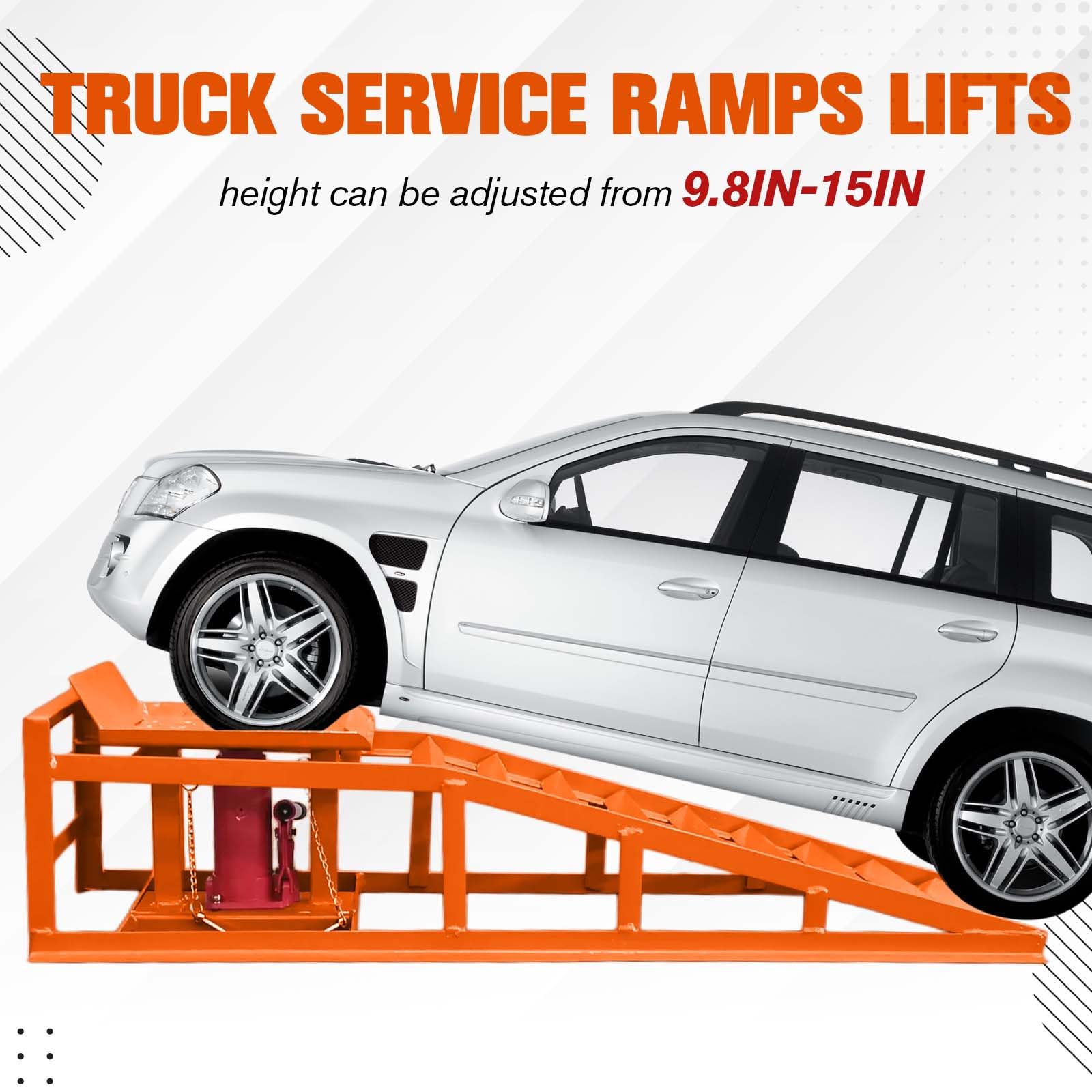 Adjustable hydraulic service ramp lifting a vehicle