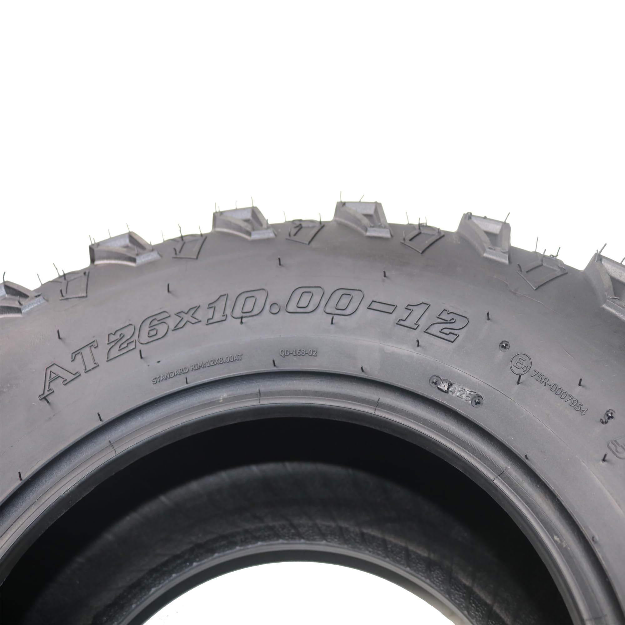 Close view of 26x10-12 tire size markings on an ATV tire sidewall