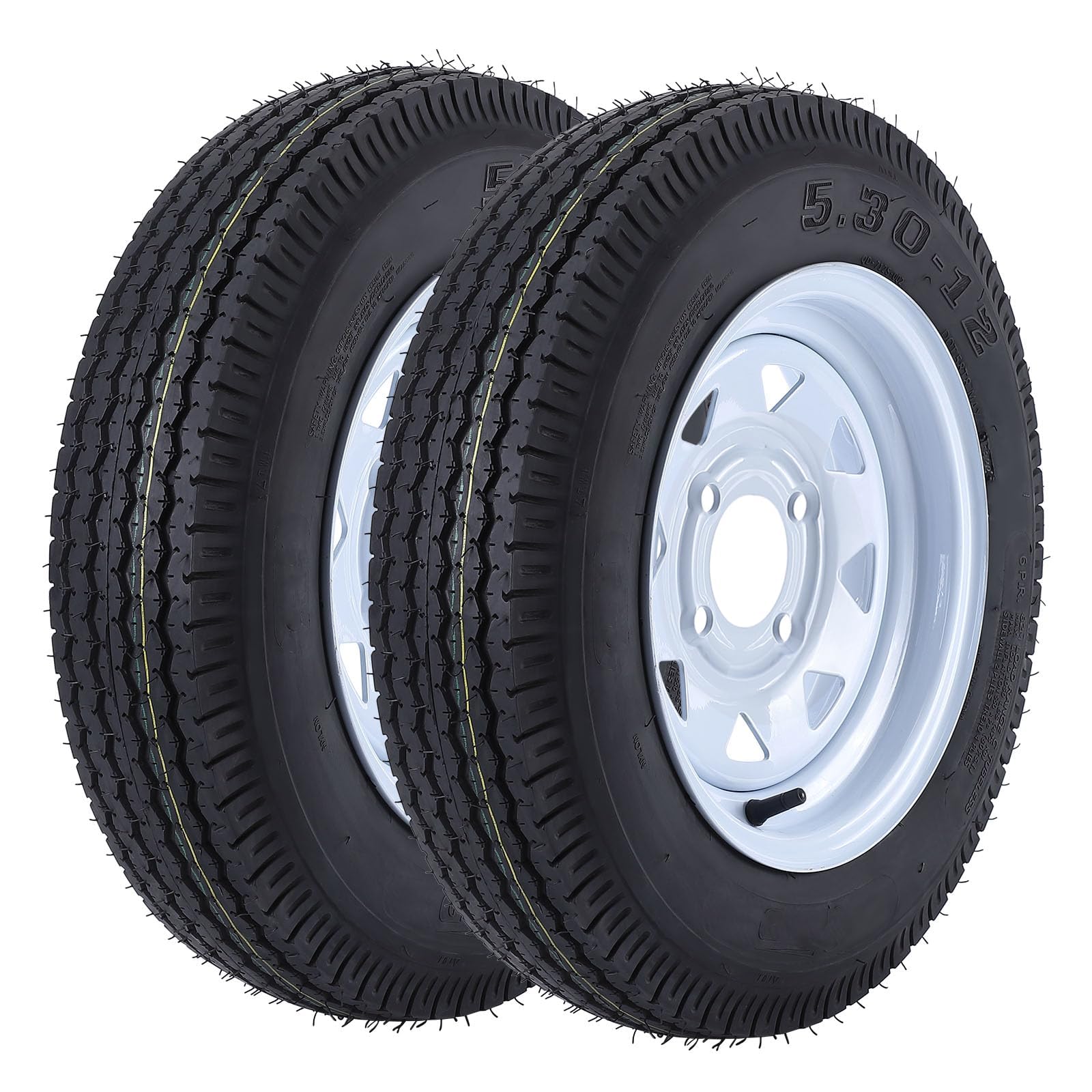 Two 5.30-12 trailer tires mounted on white 4 lug rims