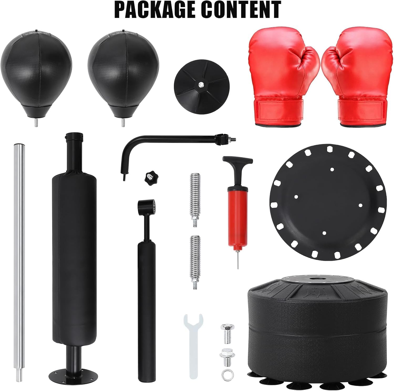 Boxing speed trainer package contents with gloves and tools