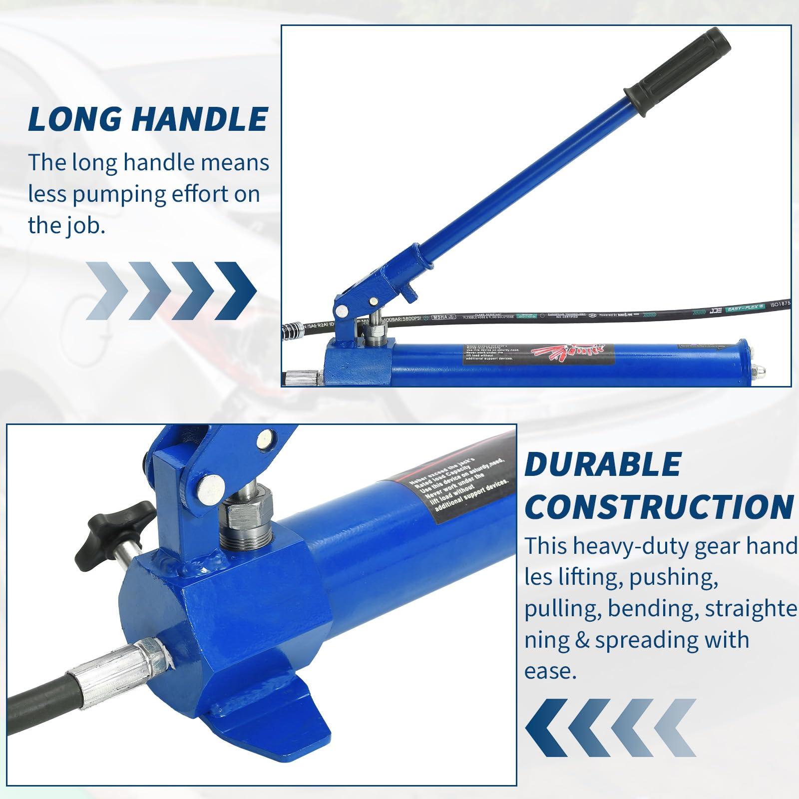 Blue hydraulic pump with extended handle and reinforced steel construction