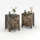 Garvee Rustic Farmhouse Nightstand Set of 2 with Charging Station, Barn Door, Adjustable Storage Shelf, 18" Wooden Small Bedside Table, Modern Two-Tier Nightstand & End Table for Bedroom