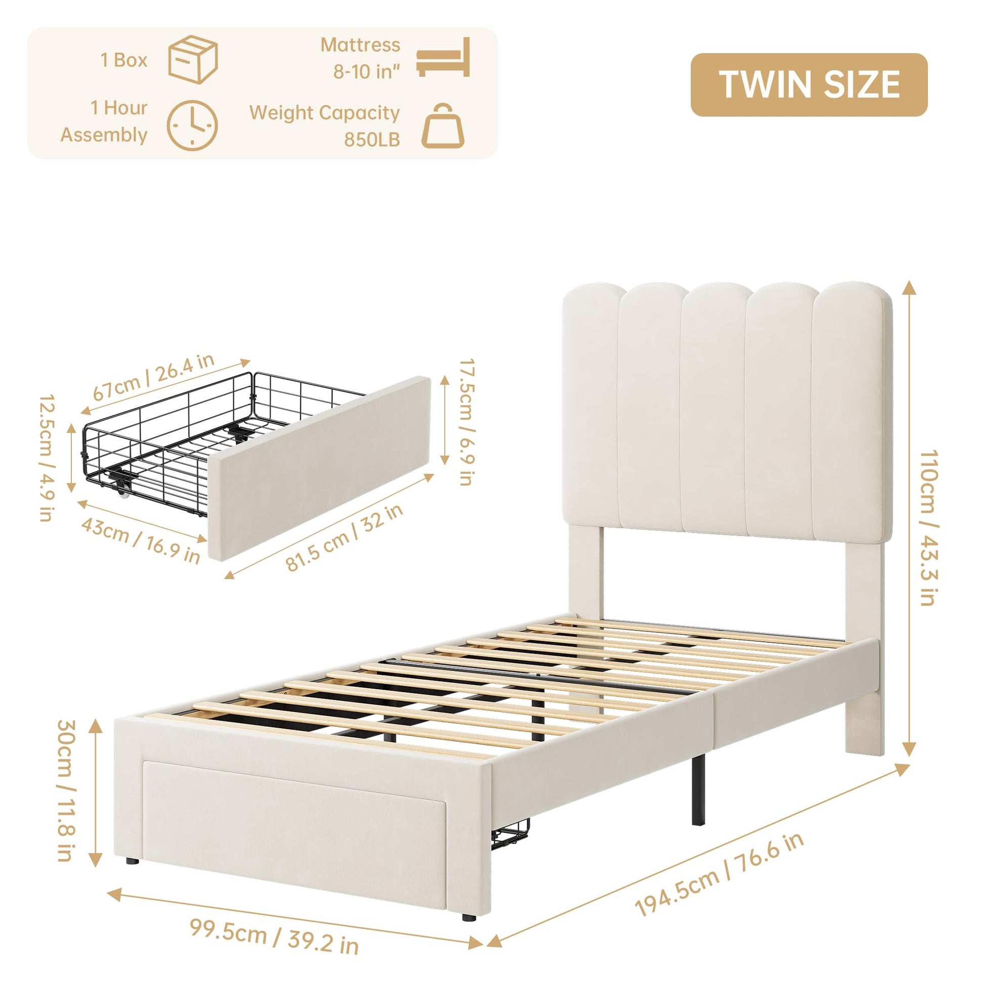 Twin bed frame diagram with slats and dimensions