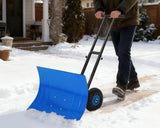 Garvee Heavy Duty Rolling Snow Pusher with Wheels, Adjustable Angled Metal Blade, 29x20 Inch, Light Blue for Driveway and Sidewalk Clearing - Blue