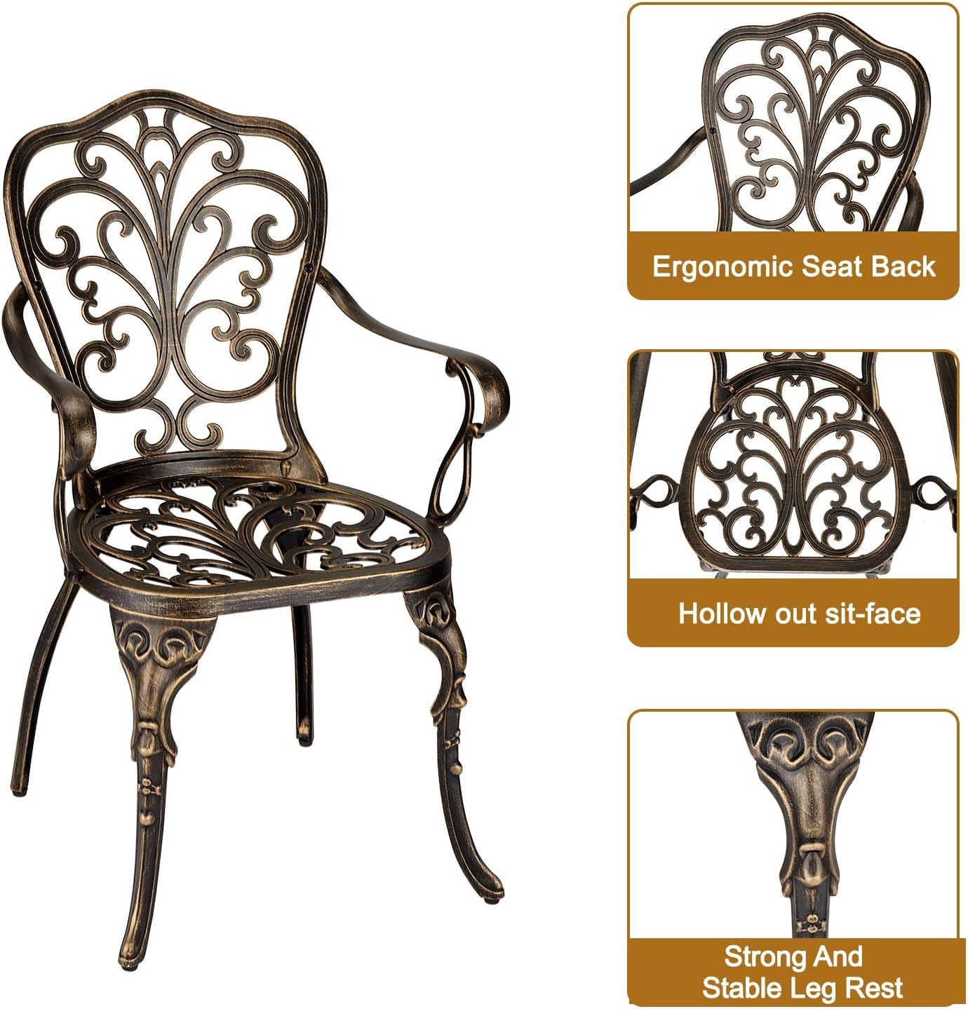 Bronze cast aluminum bistro chair showing sculpted backrest, openwork seat, curved arms, and leg details