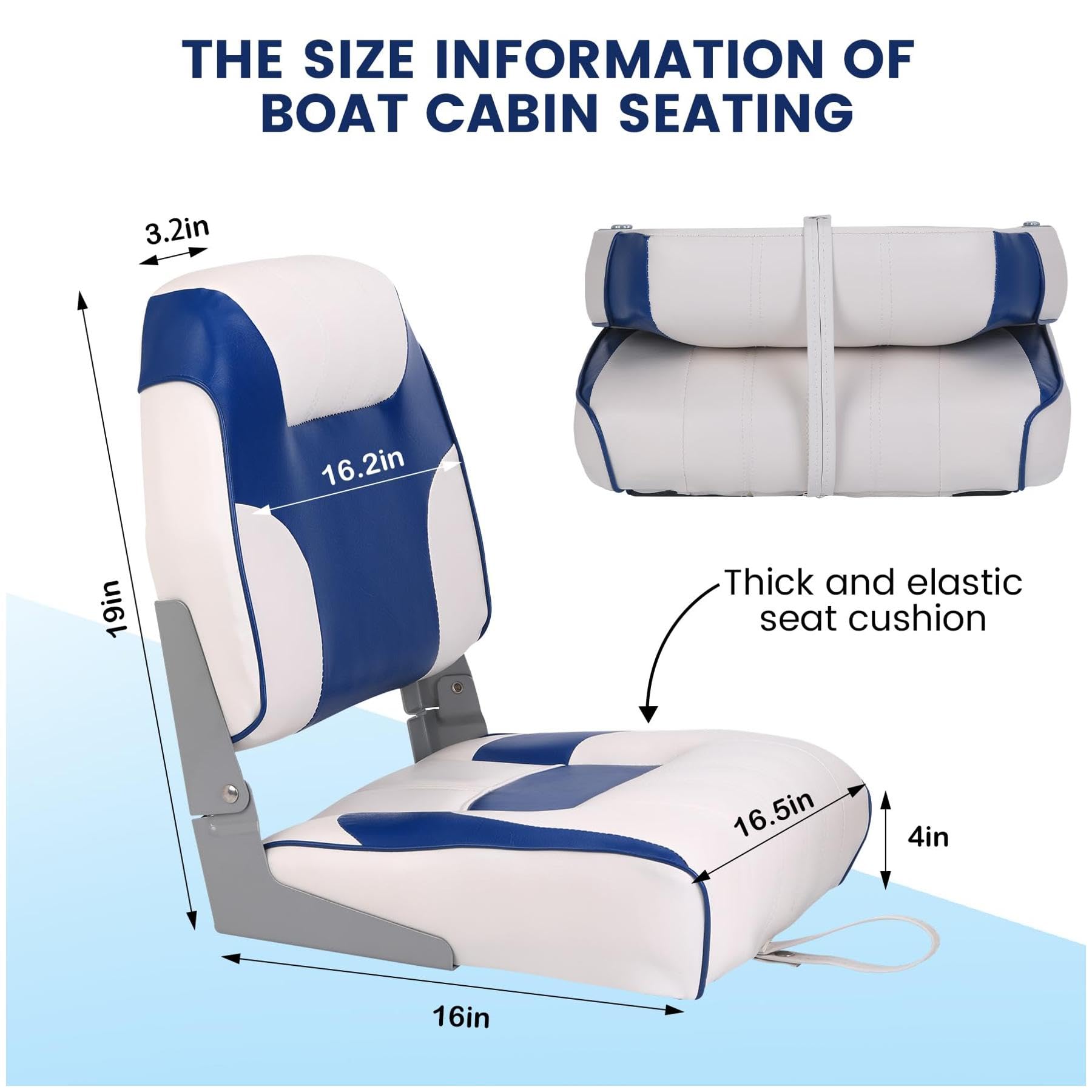 royal blue and white low back boat seat dimension information with thick cushion detail