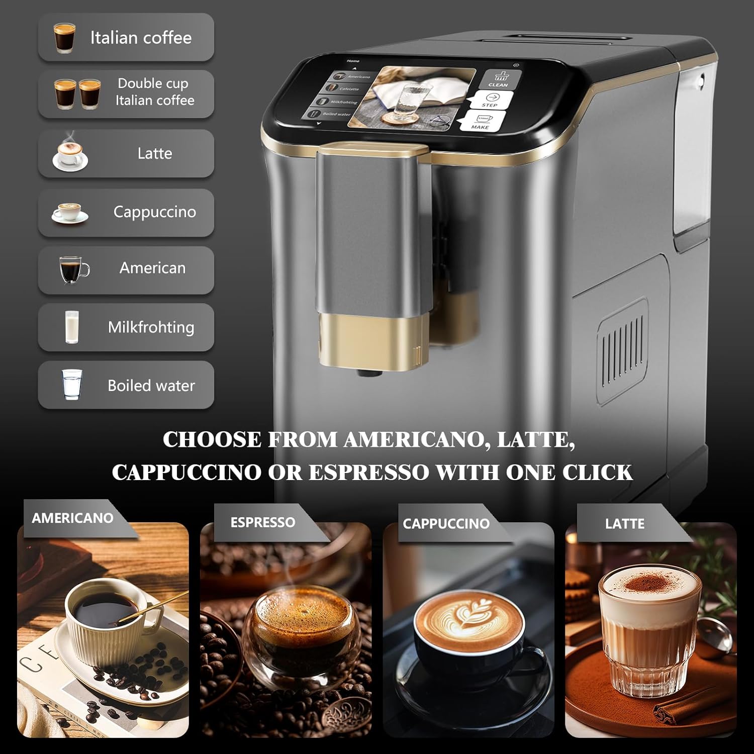 Garvee Best fully automatic espresso machine, Espresso Coffee Machines With Milk Frother Steam Wand, Insulated Milk Container for Cappuccino, Latte, Espresso Maker (20 bar, Gold)