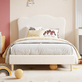 Garvee White Twin Size Bed Frame for Kids with Cute Upholstered Headboard, Velvet Platform Bed, Noise-Free, Wooden Slats, Cozy Berber Fleece - Beige