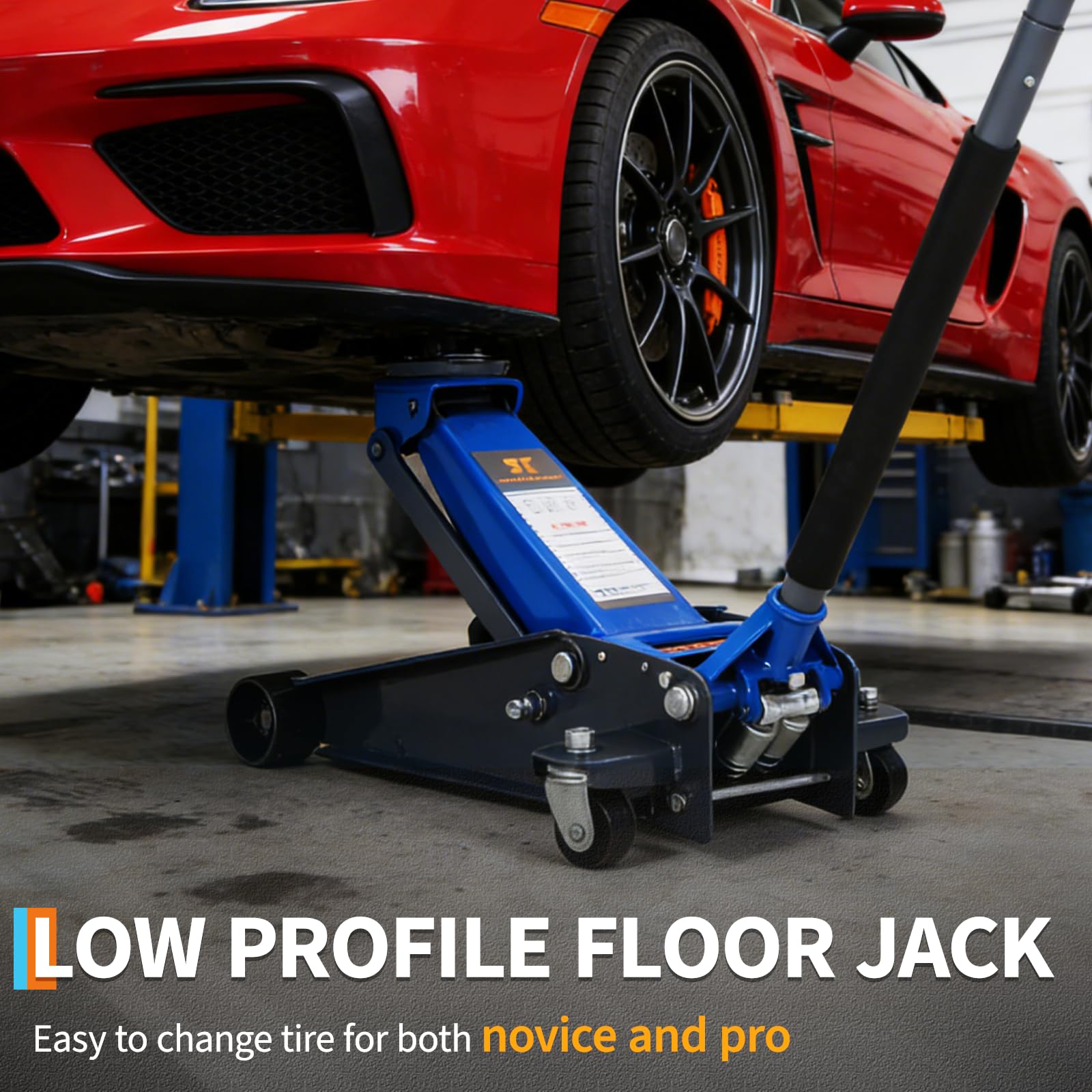 Blue hydraulic floor jack lifting a red car in a garage