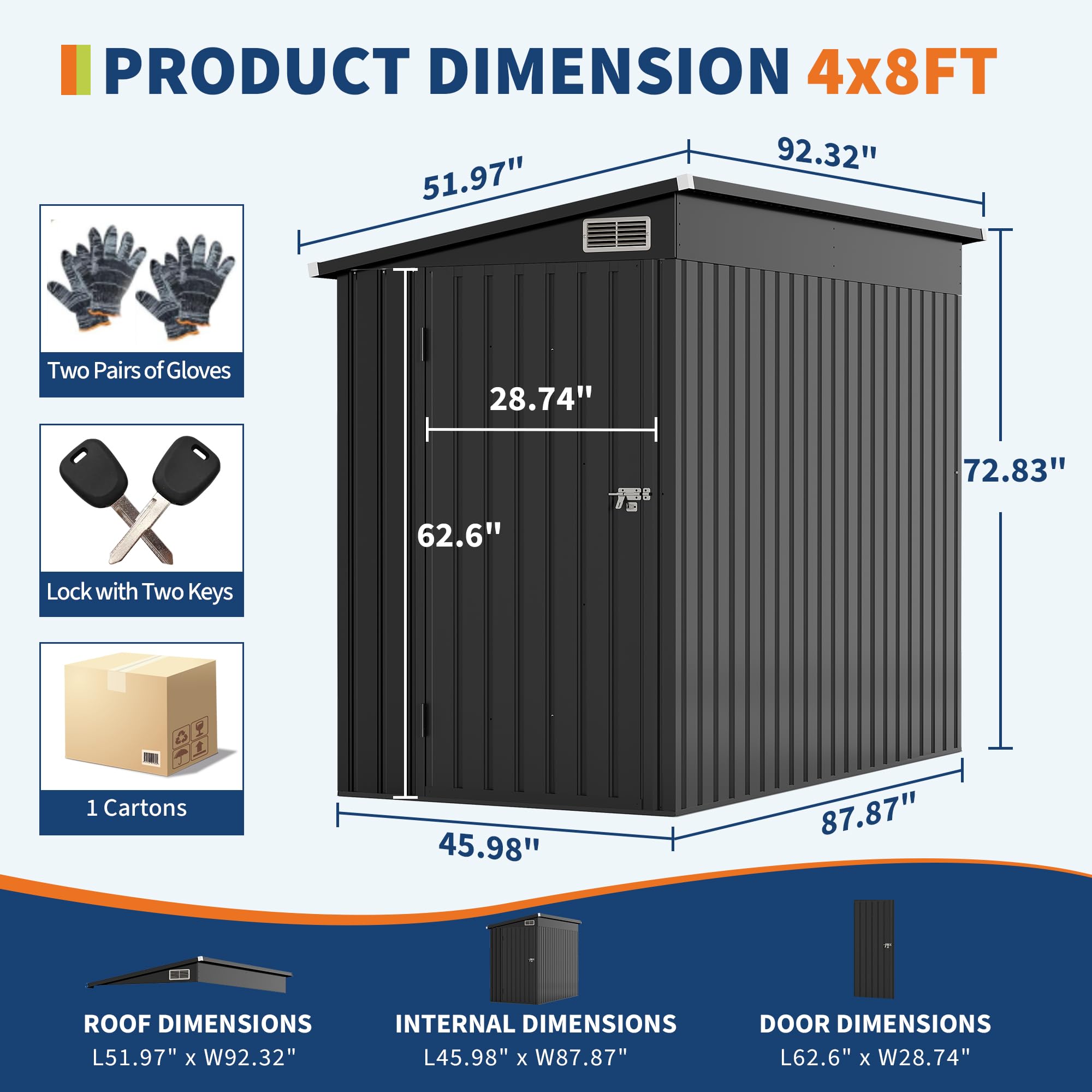 Gray 4 by 8 foot lean-to shed dimensions with door internal and roof measurements plus included gloves keys and carton