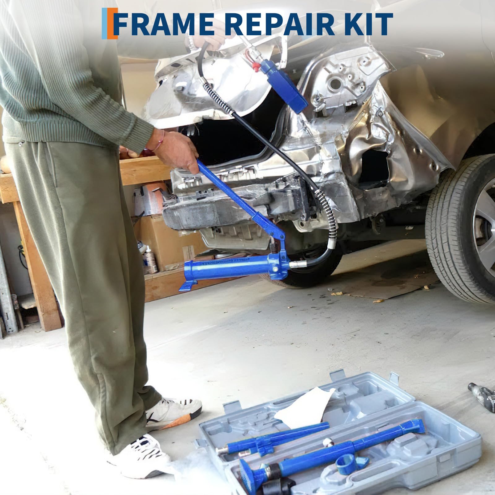 Blue 10 ton hydraulic porta power kit used for automotive frame and body repair
