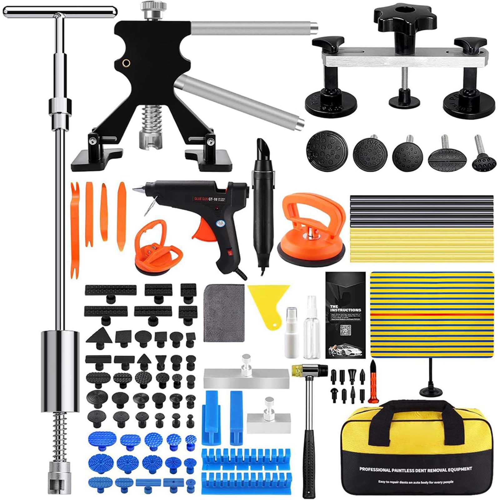 Complete paintless dent repair kit with puller tabs, pullers, and glue tools