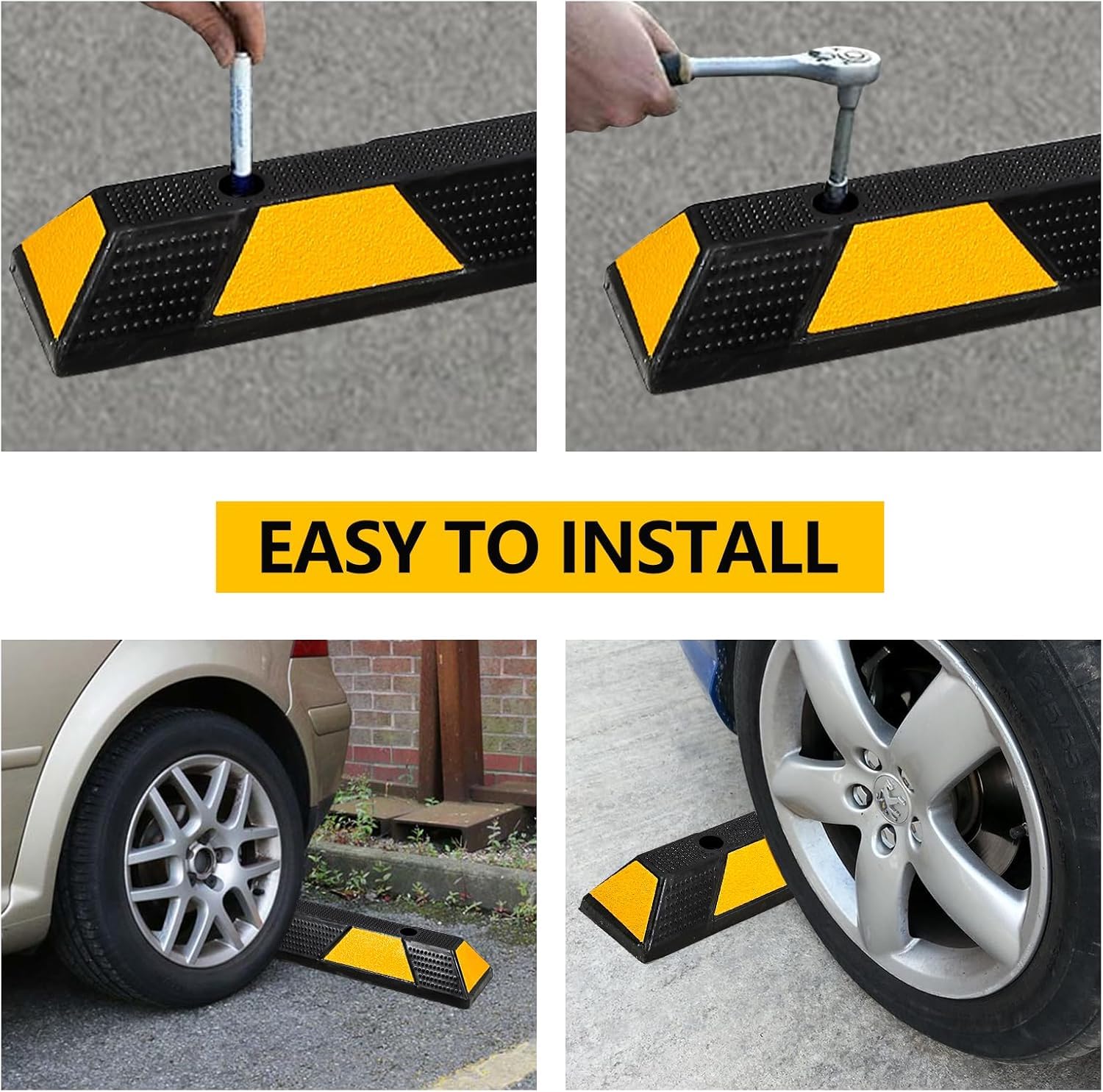 Easy installation of rubber parking curb with mounting holes