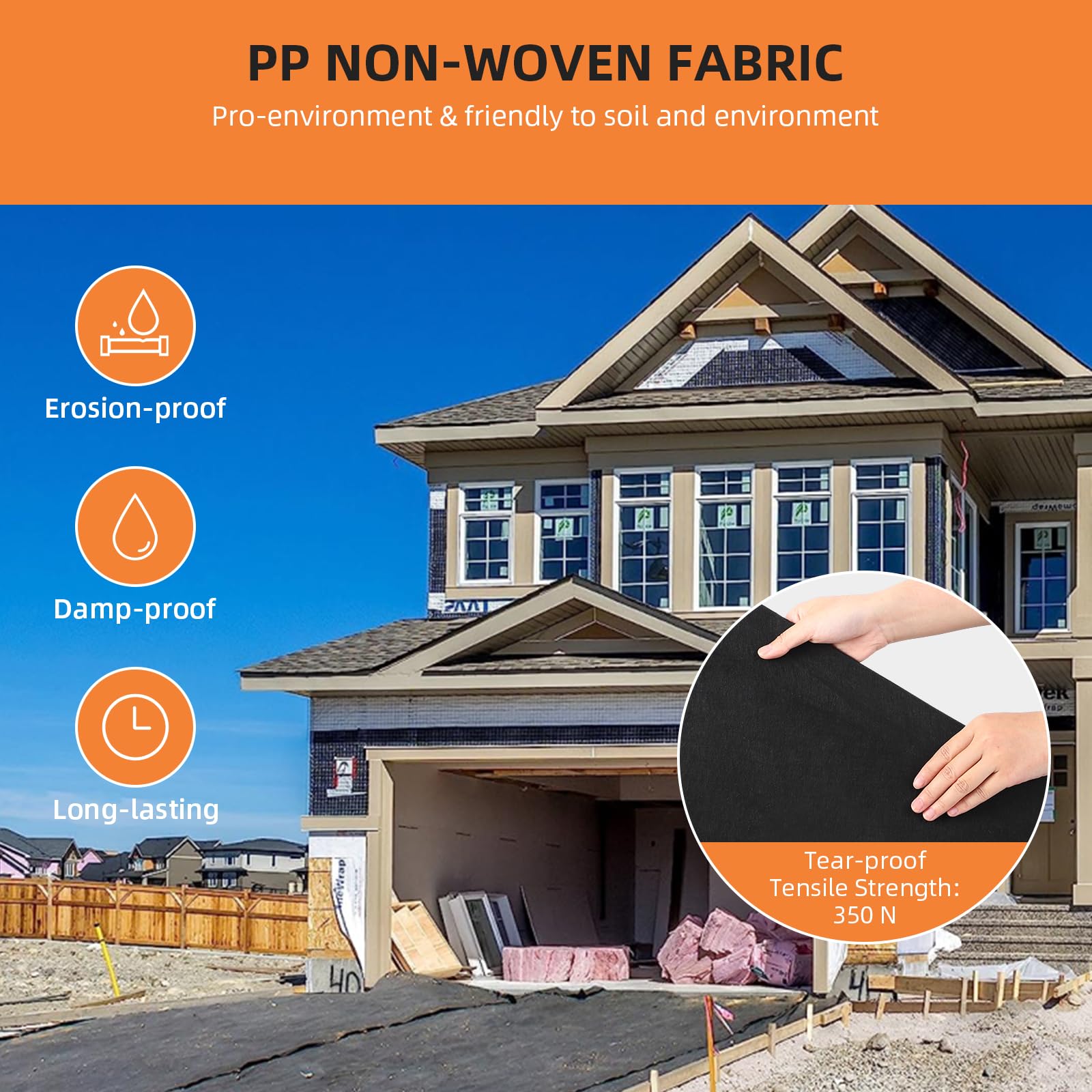 Black nonwoven geotextile fabric installed beneath a residential driveway construction area with a material strength inset