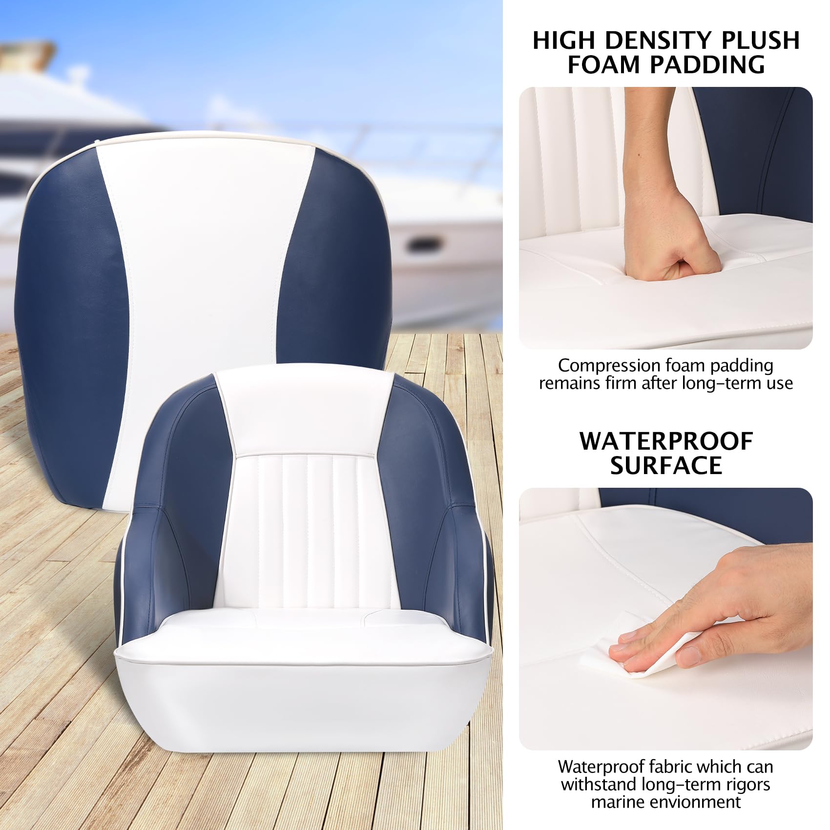 blue and white captain boat seat high density foam and waterproof surface details