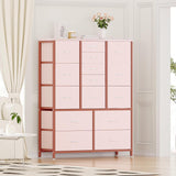 Garvee 15-Drawer Fabric Dresser for Bedroom + Tall Storage Unit + Metal Frame + Wood Top + Side Pockets & Hooks + Adjustable Feet + Living Room, Entryway - Pink