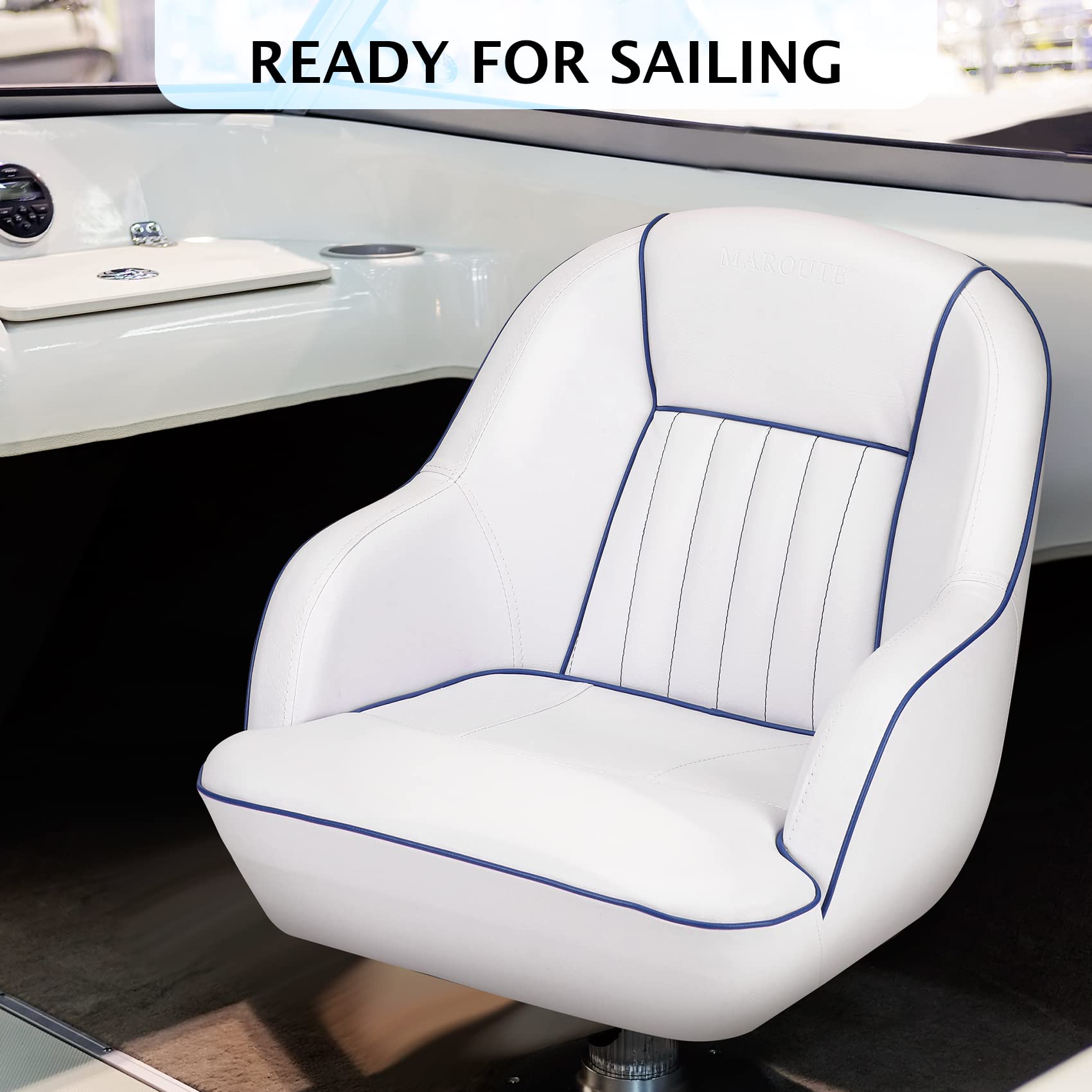 white and blue pontoon captain boat seat installed inside a boat cabin