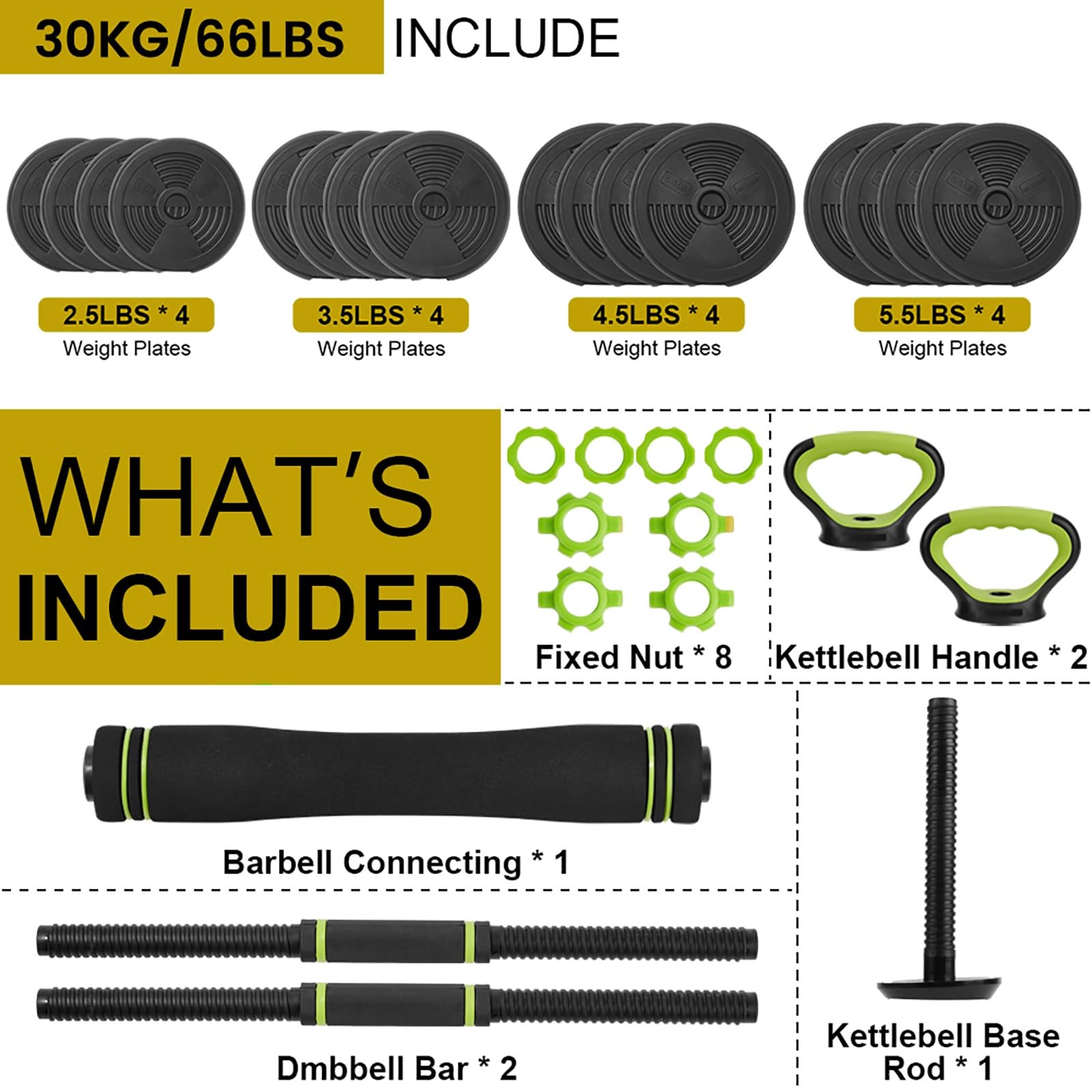 66 lbs adjustable dumbbell set with multiple weight plates and accessories included
