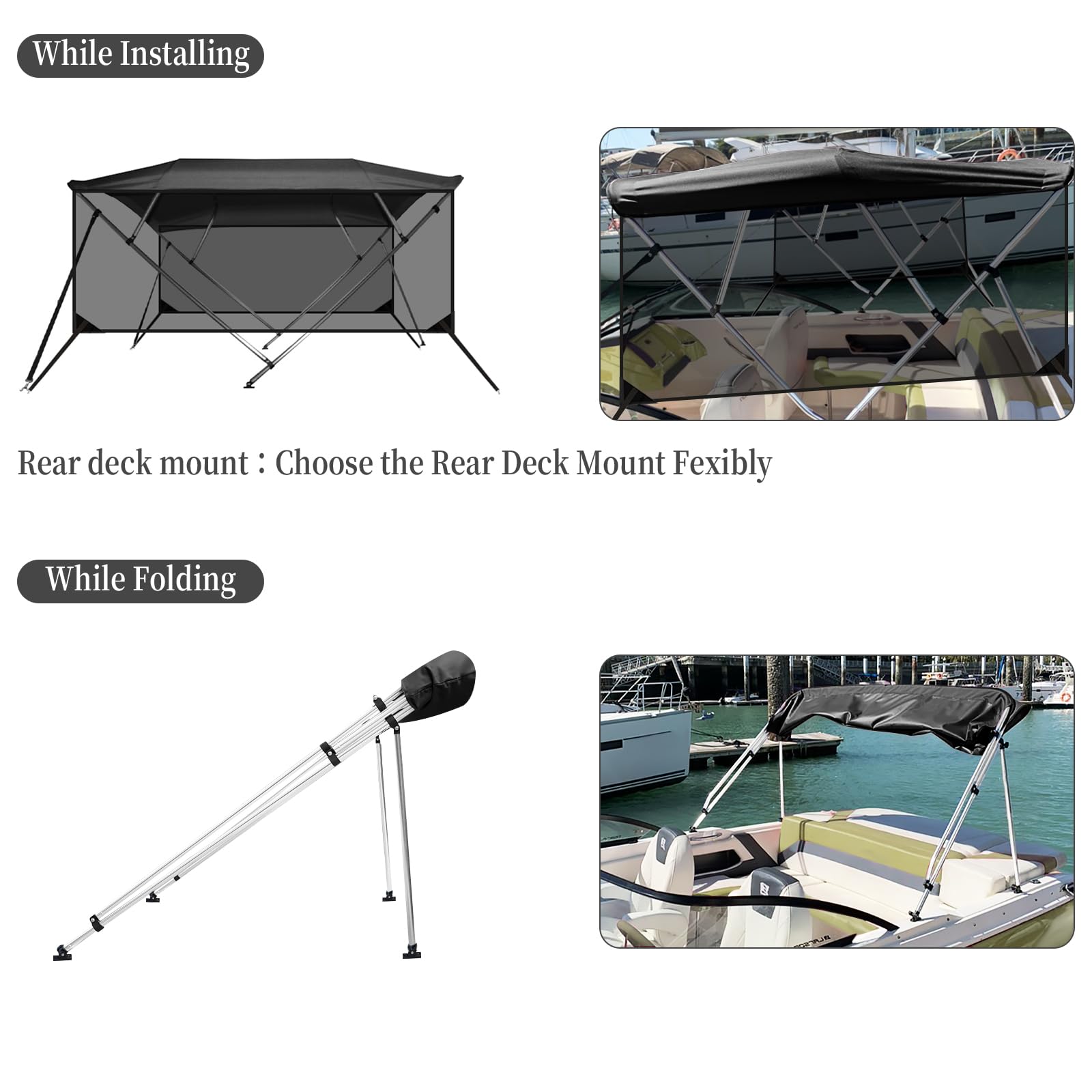 Black bimini top shown during rear deck installation and folded back for storage