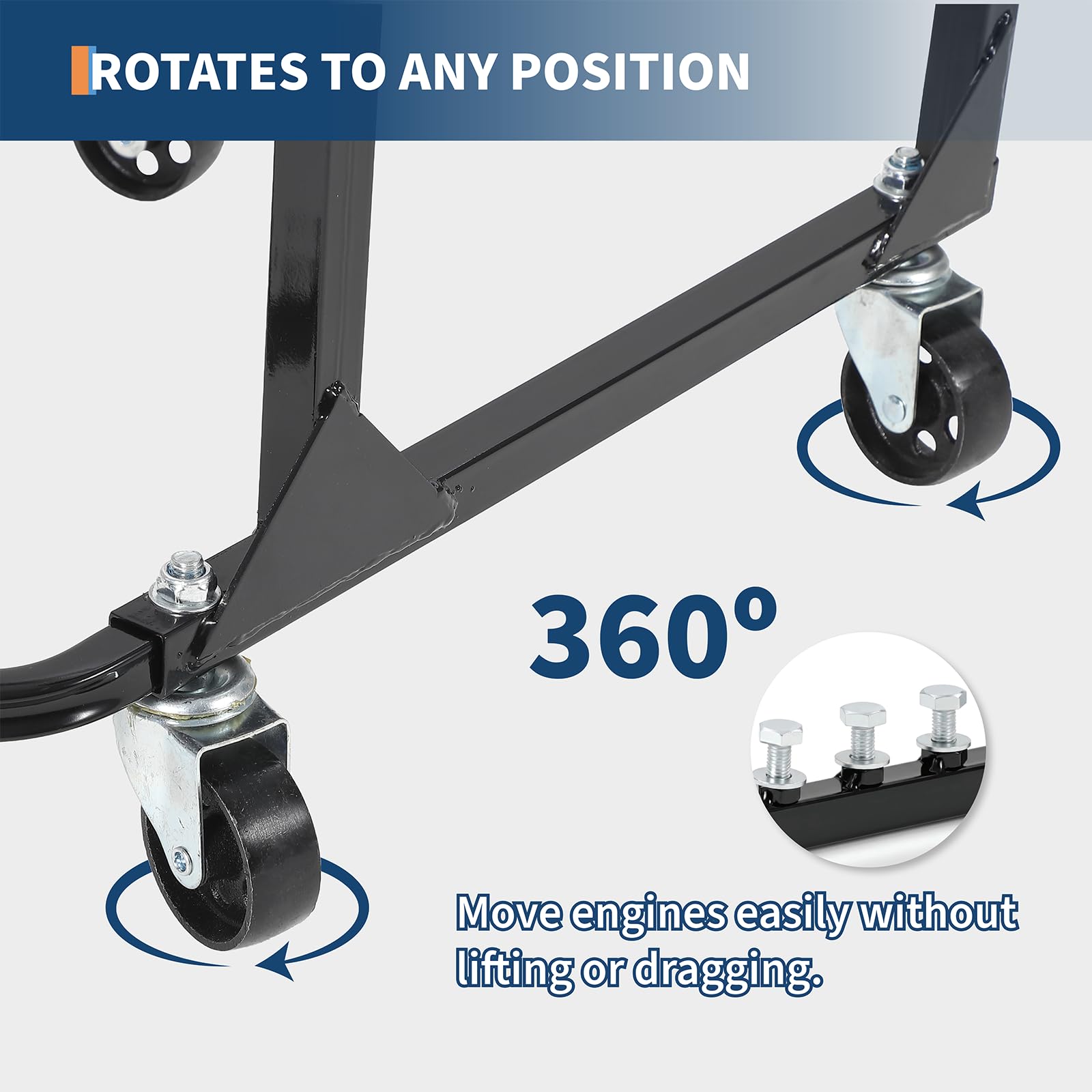 Close view of engine cradle swivel casters showing 360 degree rotation