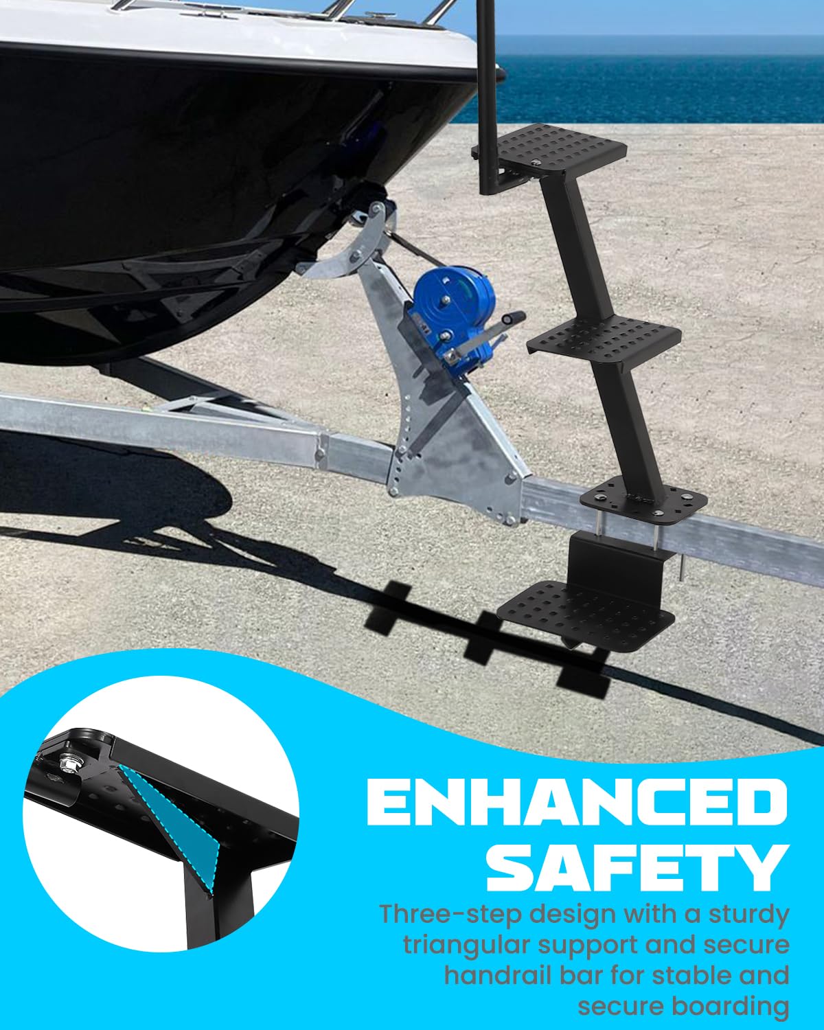 Boat trailer steps with handrail and reinforced support