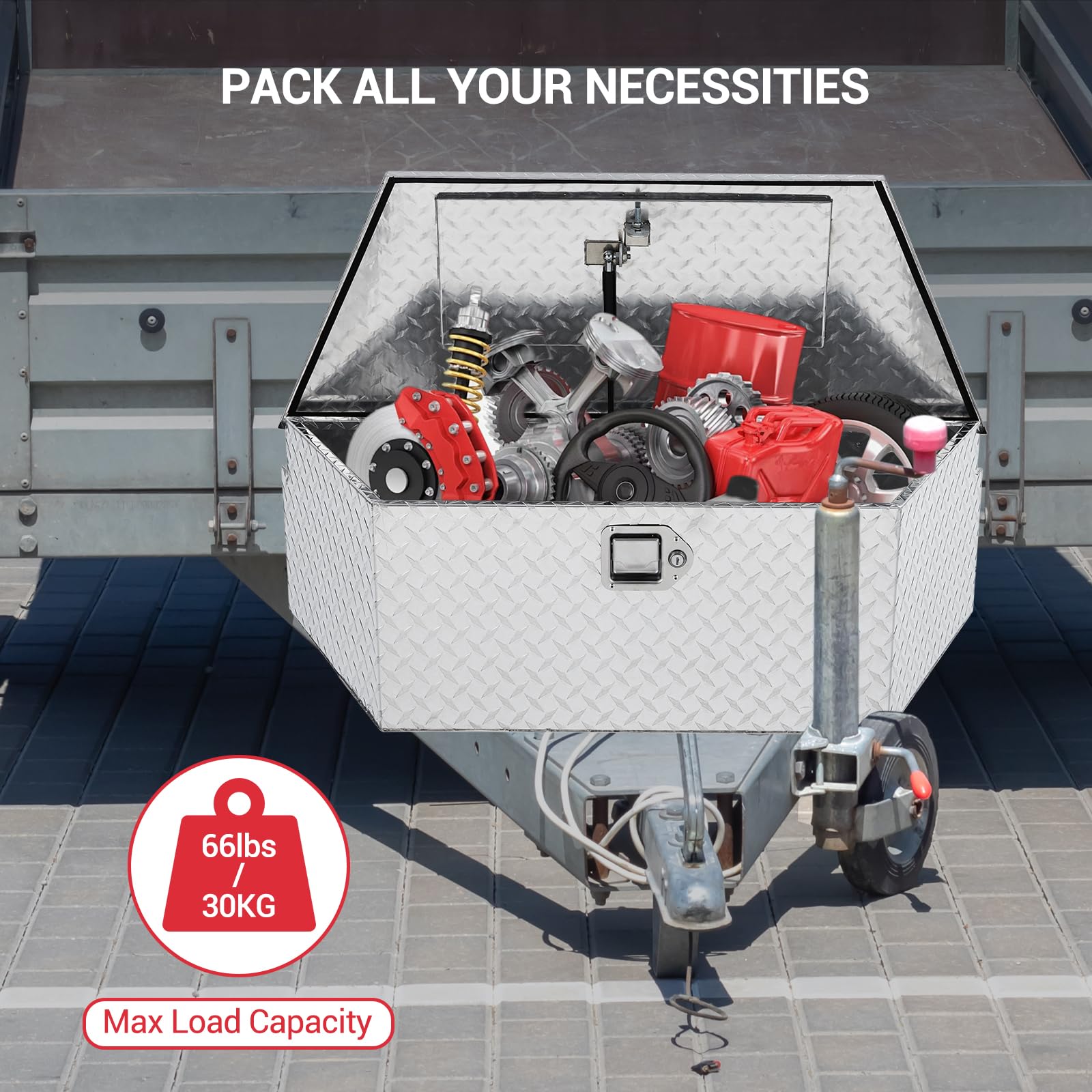 Trailer tongue box packed with tools showing maximum load capacity