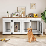 Garvee 71 in Large Double Dog Crate Furniture with 3 Drawers, Heavy Duty Indoor Kennel and TV Stand, Brown & White - White