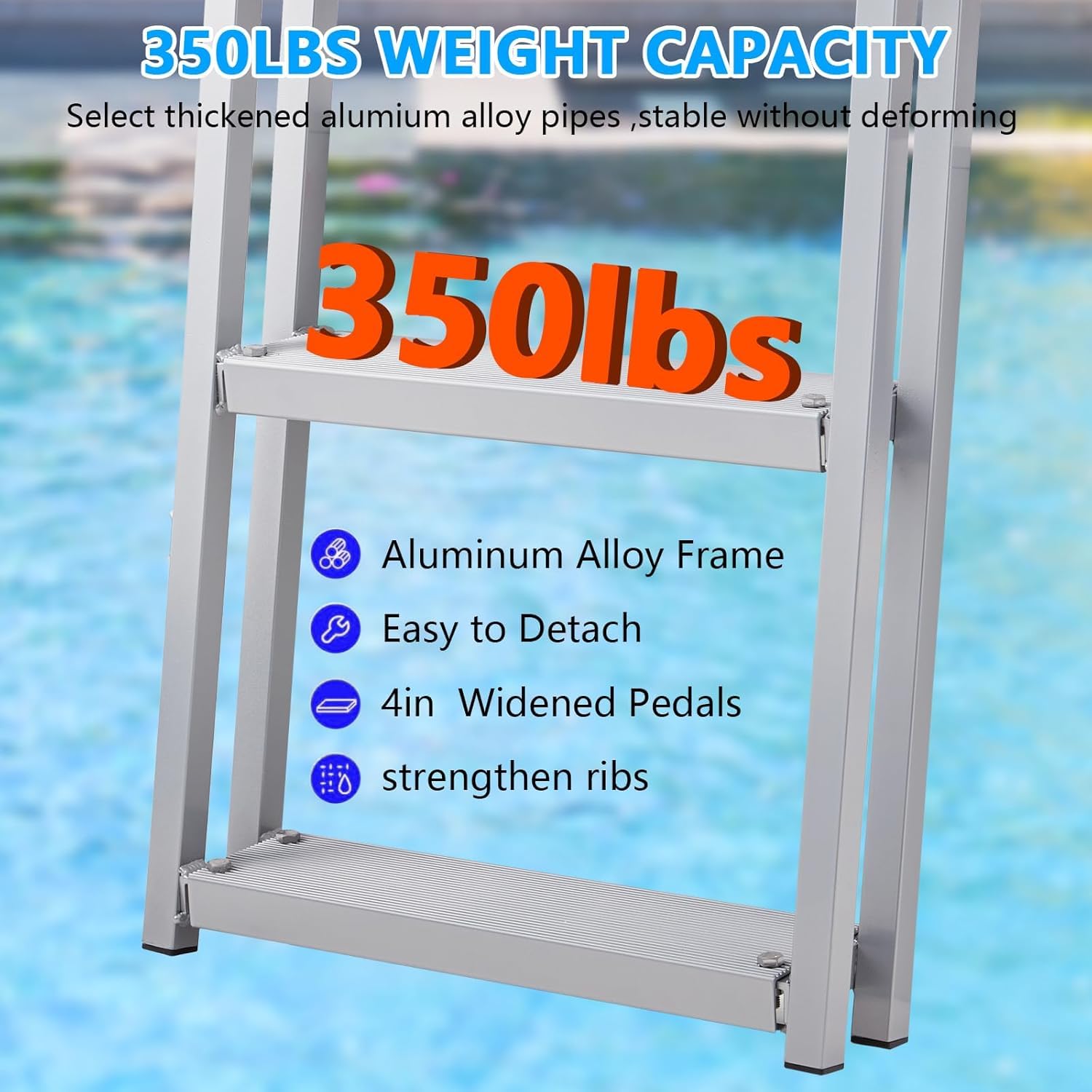 Removable aluminum dock ladder with wide nonslip pedals and 350 lb capacity text