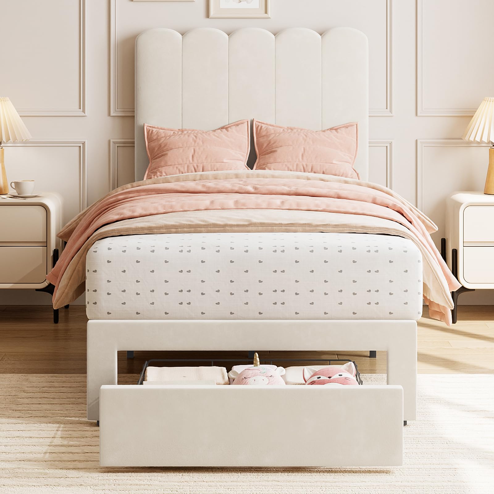 Twin bed with footboard drawer storage