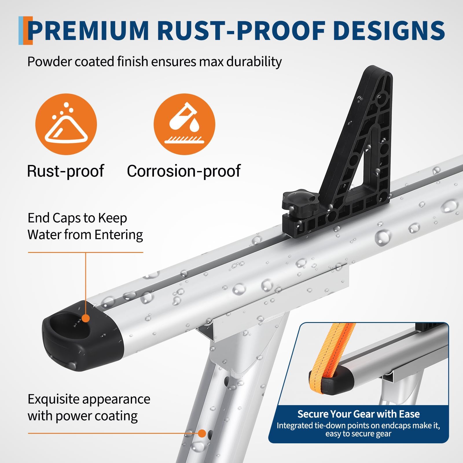 silver powder coated aluminum truck rack crossbar with end cap and adjustable tie down point