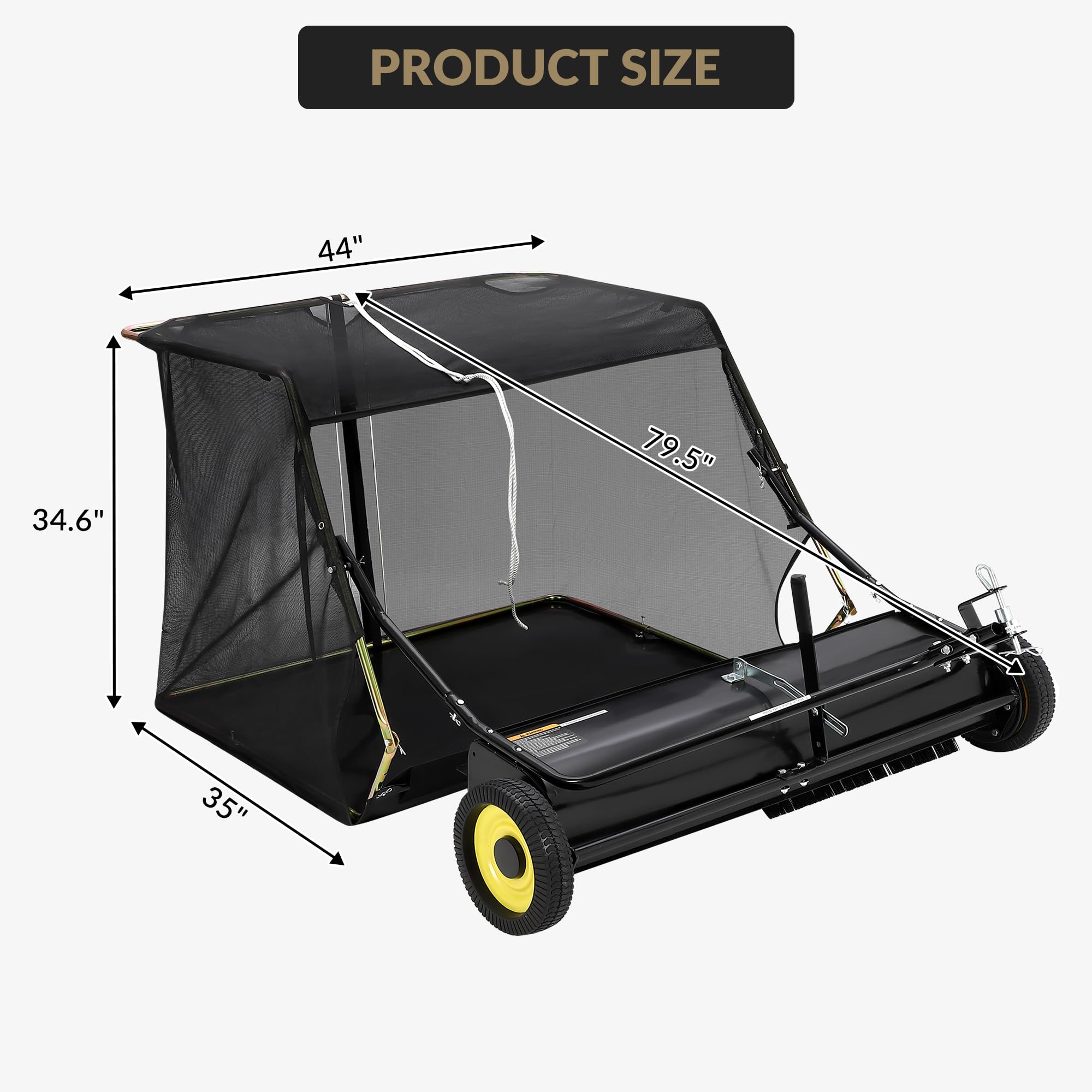 Garvee lawn sweeper product size diagram with 44 inch width 34.6 inch height 35 inch depth and 79.5 inch length