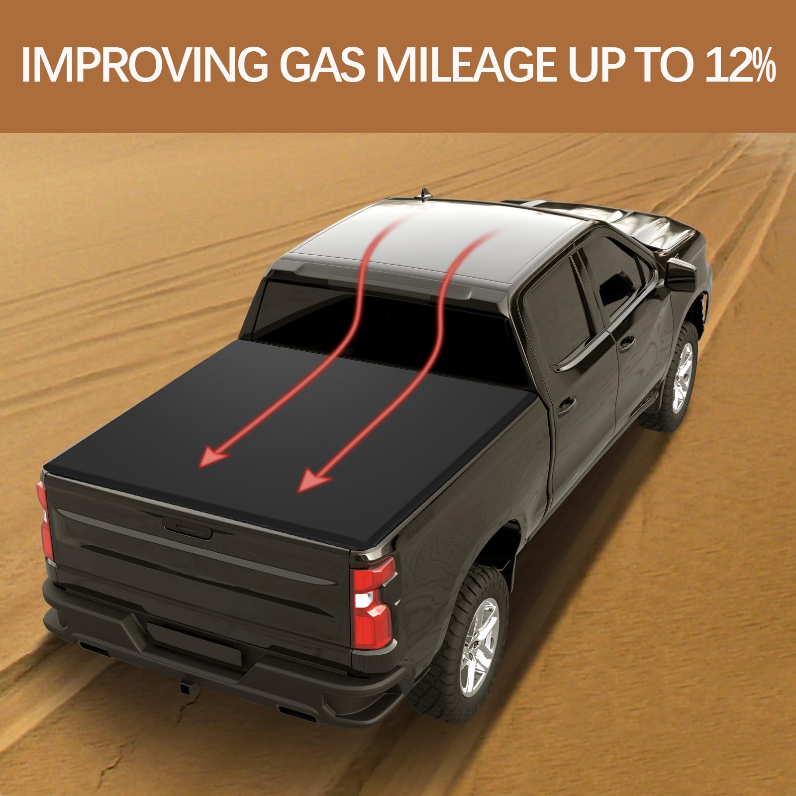 pickup truck with a closed black soft tonneau cover driving through a desert landscape