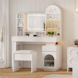 Garvee Arched Vanity Desk with Mirror and Lights, White Makeup Vanity Table, 41.33"L x 15.74"W x 57.08"H, Bedroom Dressing Table with Storage and Stool