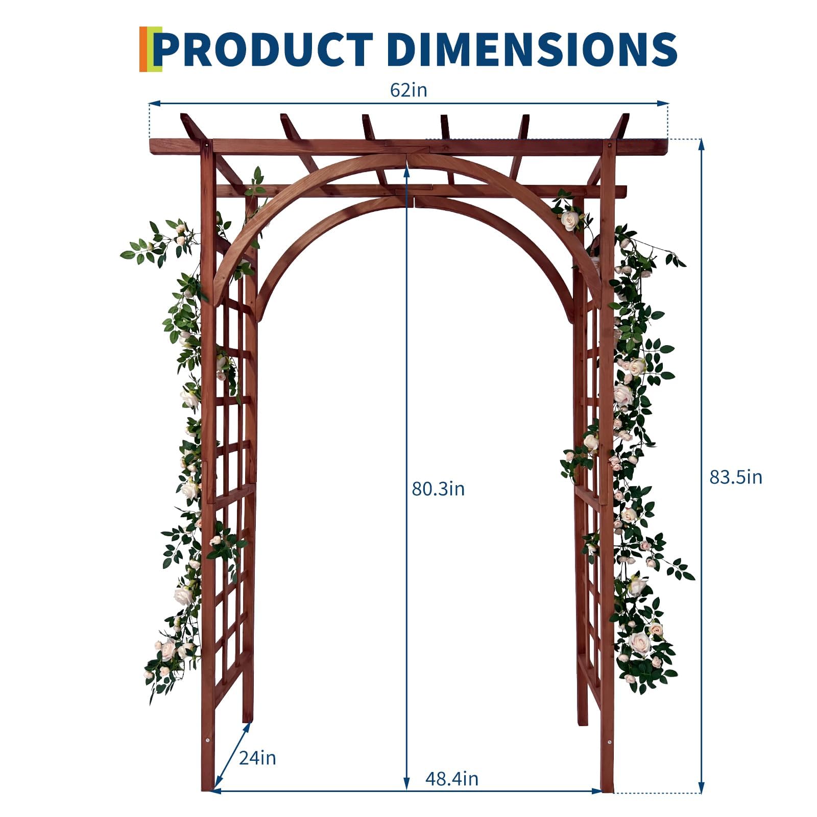 teak arched and flat top garden arbor dimension diagram with overall width, passage width, depth, and height