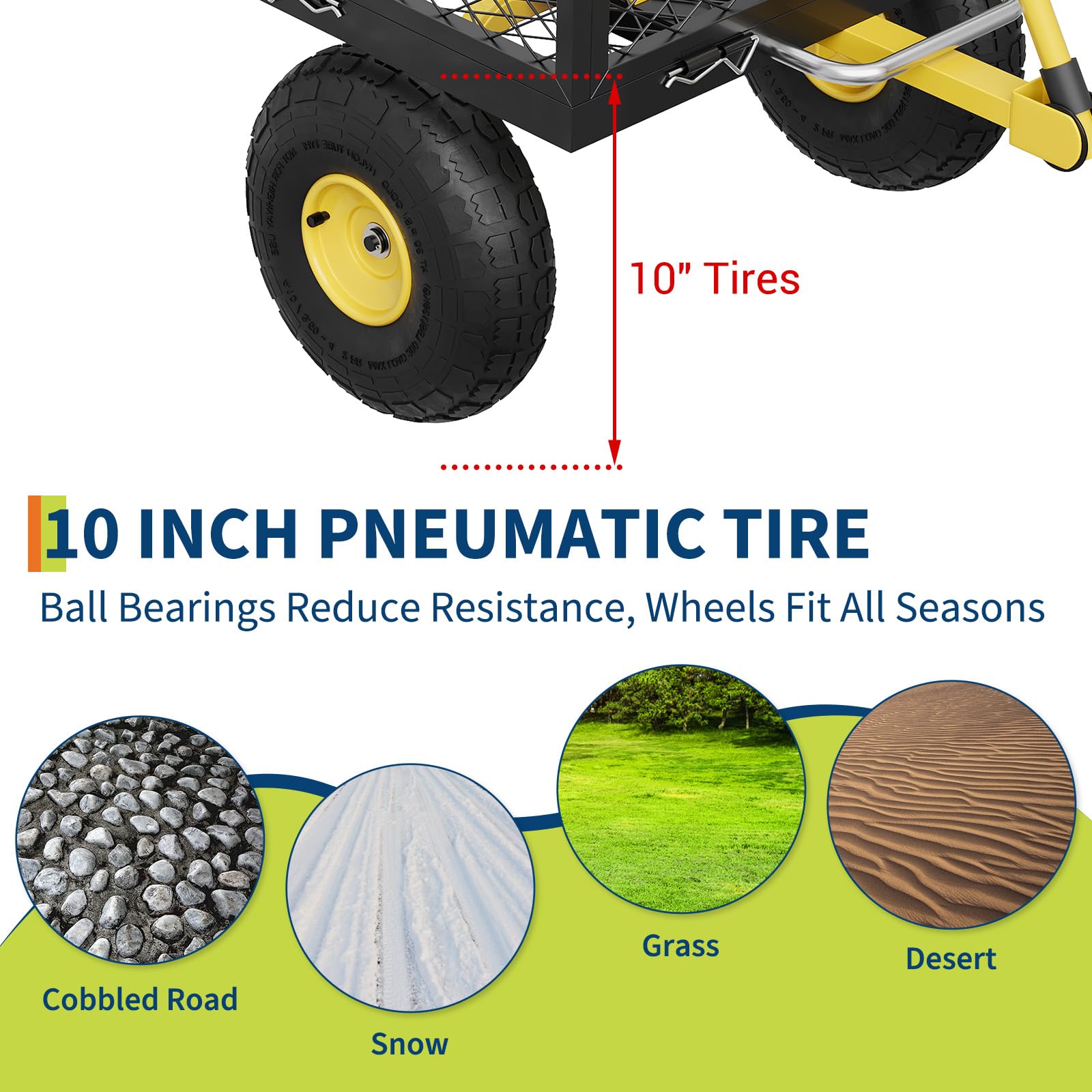 black garden dump cart with 10 inch pneumatic tire detail