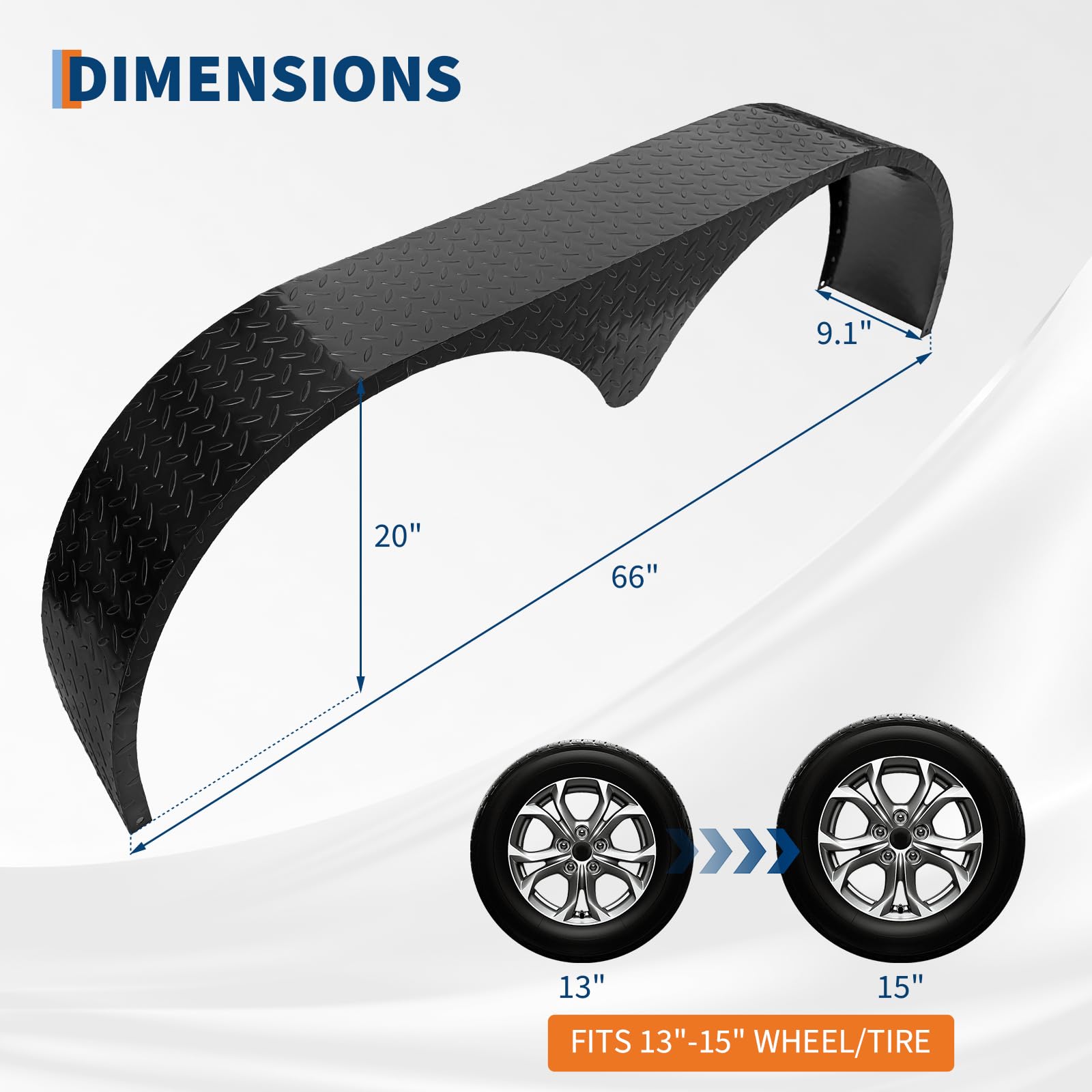 Dimensions of Garvee double axle trailer fender for 13 to 15 inch tires