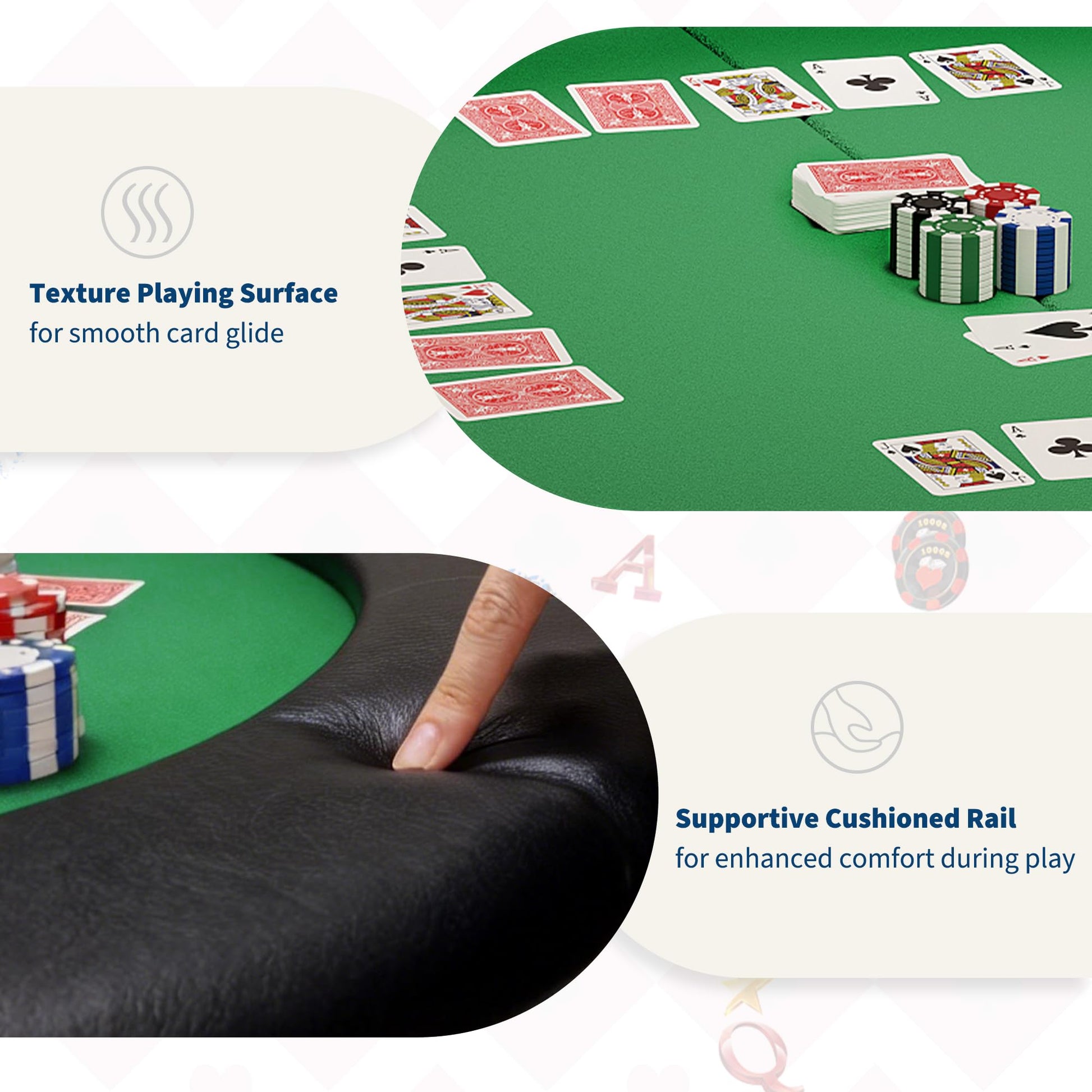 Casino-grade felt poker playing surface with padded rail