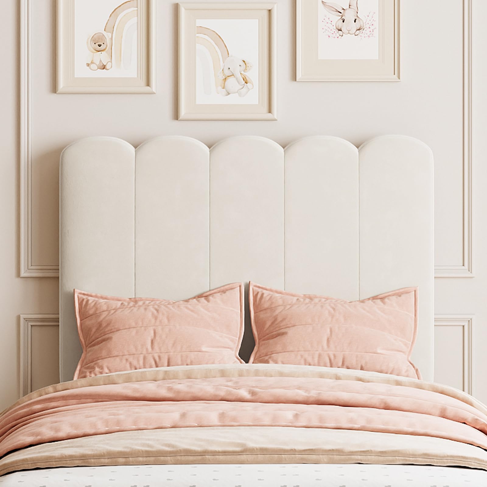 Wavy velvet upholstered headboard close-up