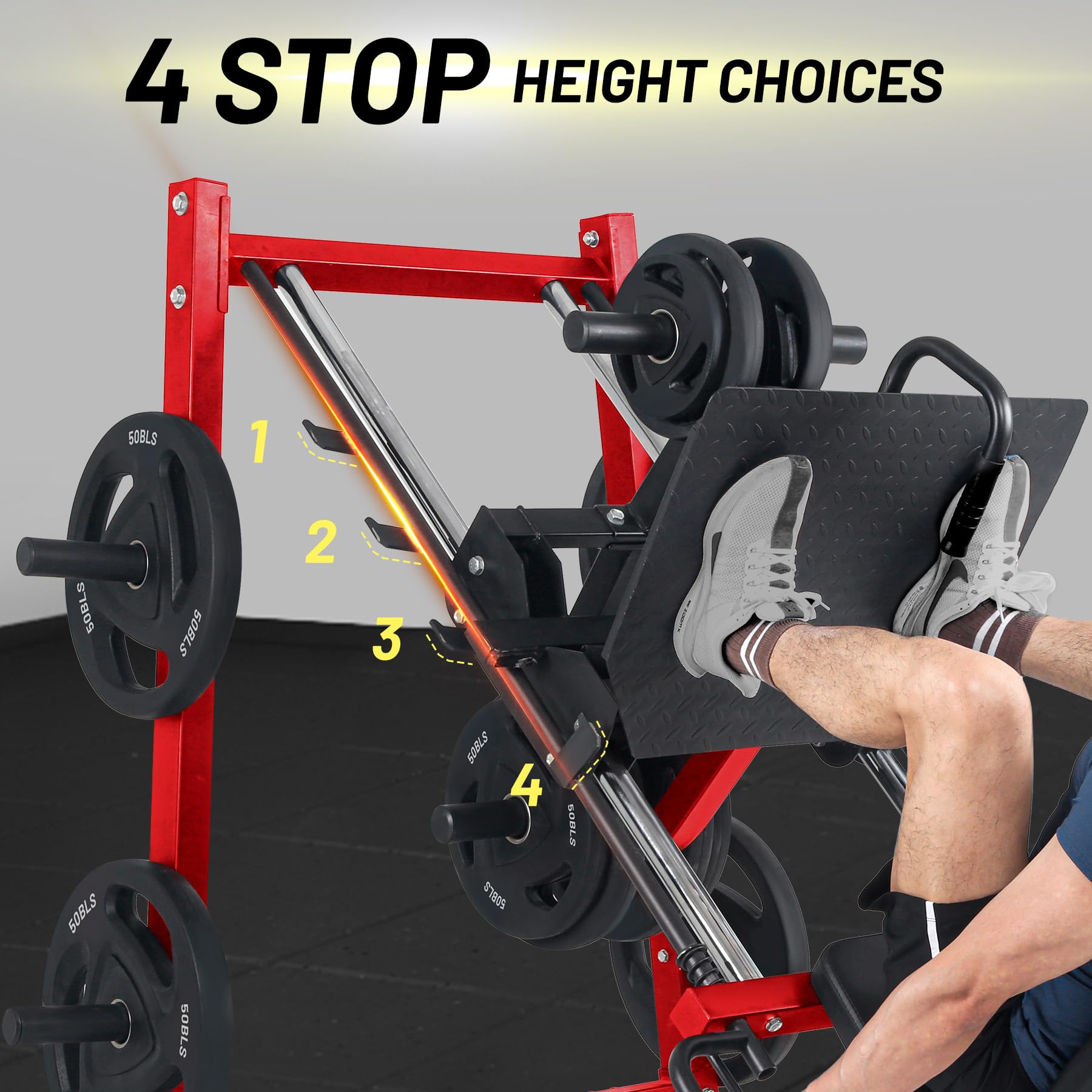 4 stop height choices on Garvee leg press machine