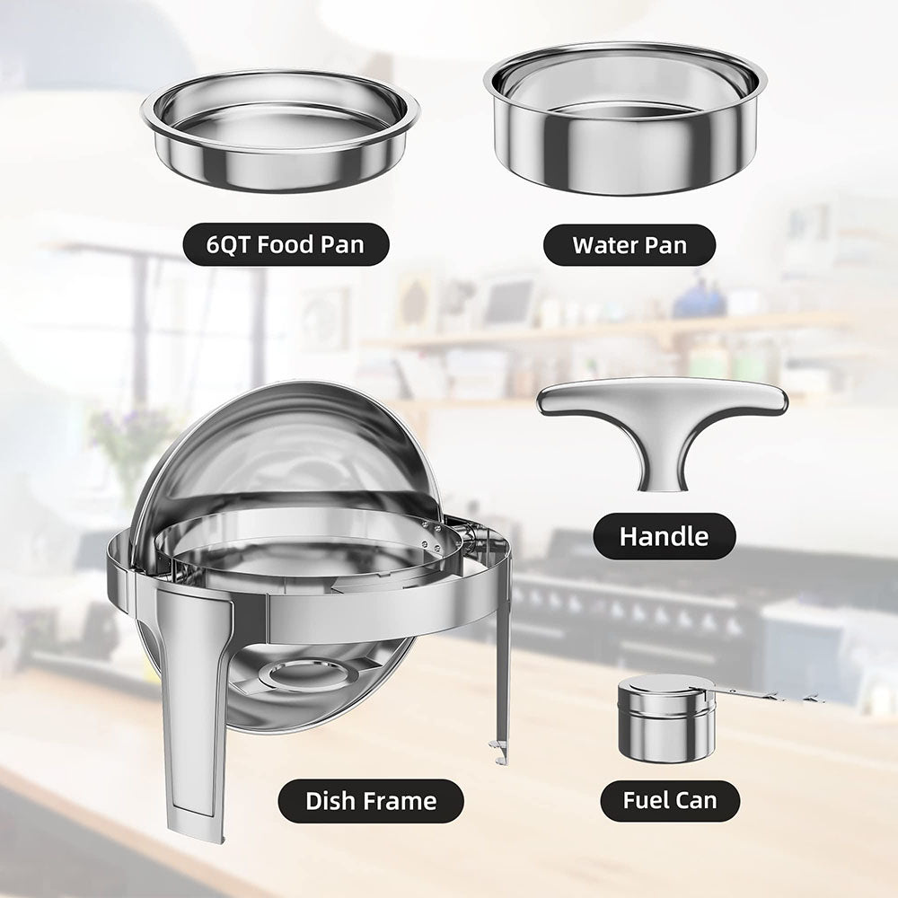 Garvee 6 QT Chauffe-plat roulant, ensemble buffet, chafer en acier inoxydable pleine grandeur, réchaud de restauration rond, pour mariage, fêtes, banquet, événement de restauration, lot de 1