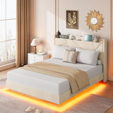 Garvee Full Size Floating Bed Frame with RGB LED Lights, Charging Station, Storage Headboard, Beige, Upholstered Platform Bed, No Box Spring Needed - Beige