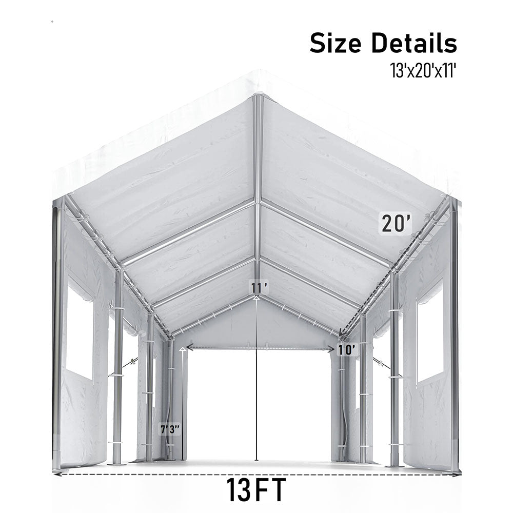 Garvee 13'x20' Heavy Duty Portable Garage, 1.0 mm Steel Poles & 180 g PE Waterproof Canopy, Front & Rear Doors, 2 Side Doors, 4 Windows, White