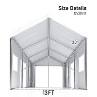 Garvee 13'x20' Heavy Duty Portable Garage, 1.0 mm Steel Poles & 180 g PE Waterproof Canopy, Front & Rear Doors, 2 Side Doors, 4 Windows, White