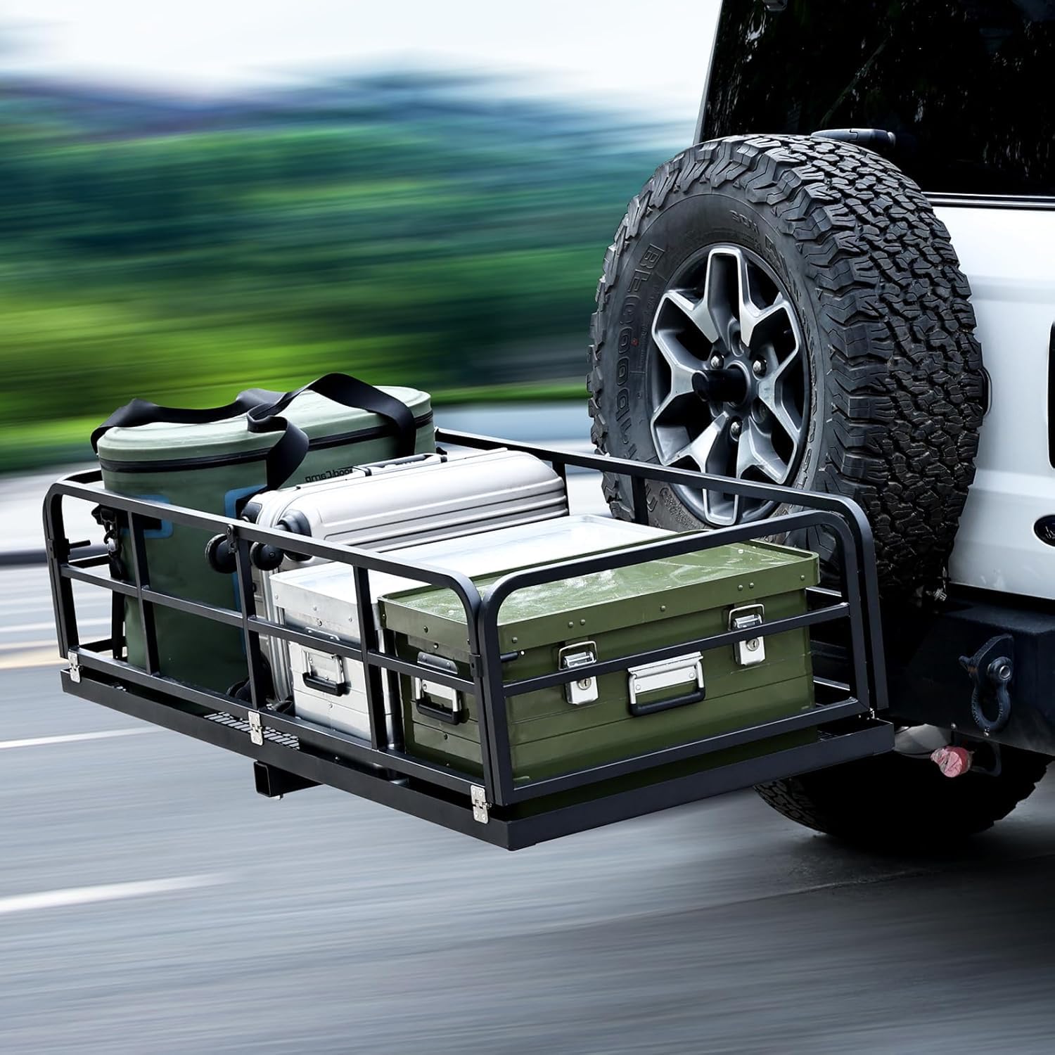 Hitch-mounted cargo basket carrying gear to free up interior space